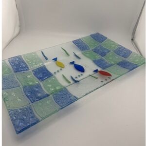 Glass Rectangular Serving Dish With Blue Green Checkered Border and Fish Design